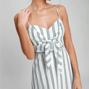 LUSH Kalene White and Green Striped A Line SunDress Spaghetti Straps Tie Front M